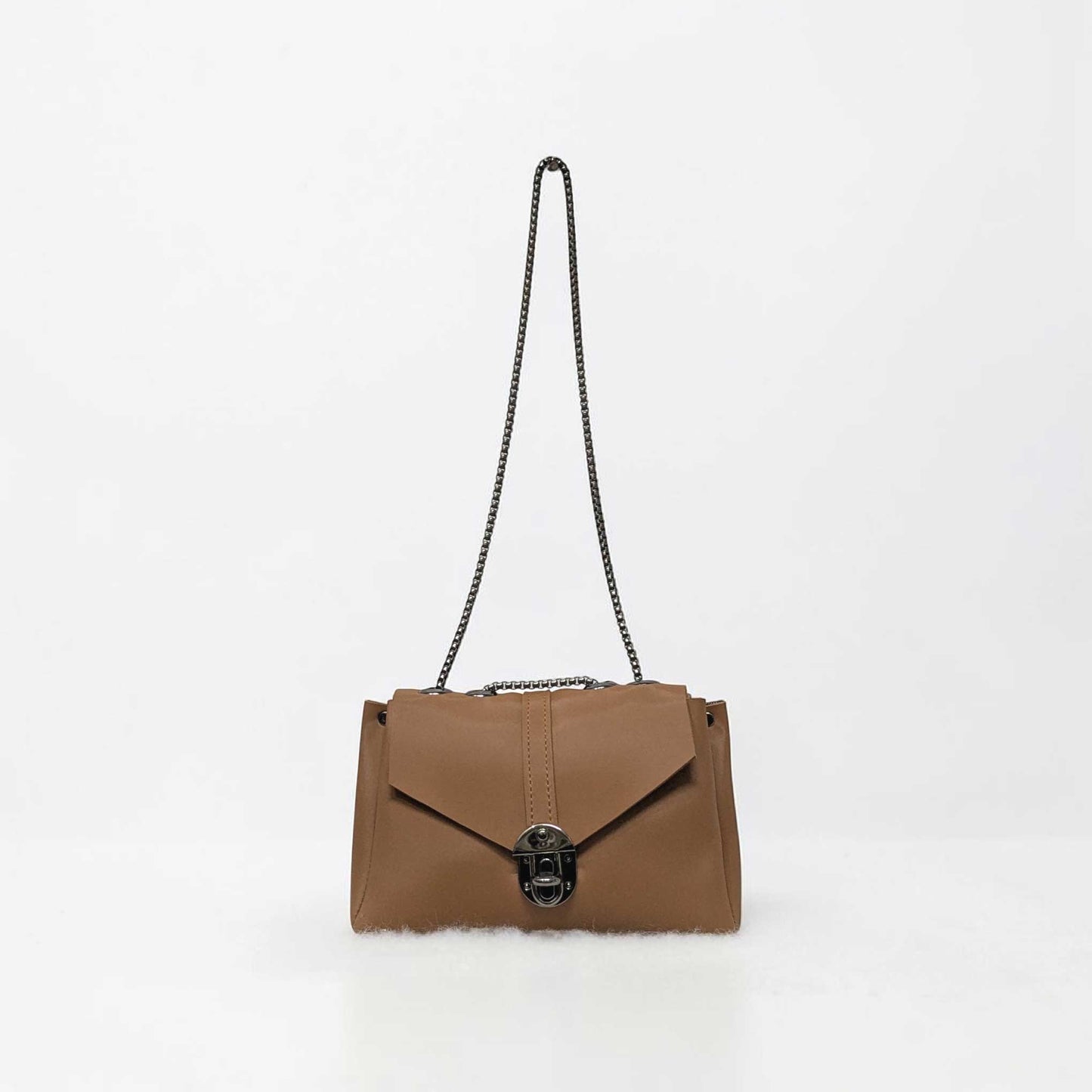 Brown handbag with a chain strap on a white background