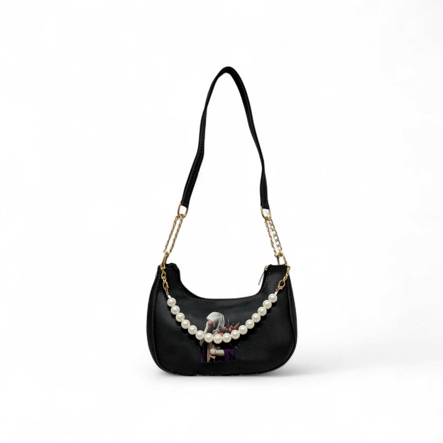 Black handbag with pearl chain on a white background