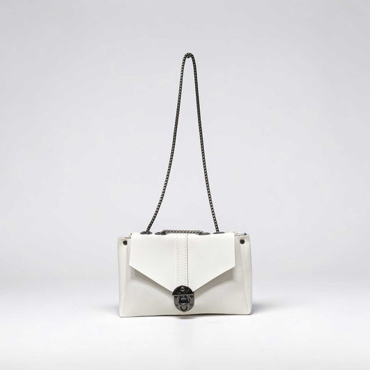 White handbag with a chain strap on a light gray background